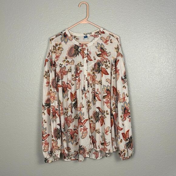 Old Navy Tops - Old Navy XXL Tall Women’s Cream and Pink Floral Long Sleeved Button Up Blouse